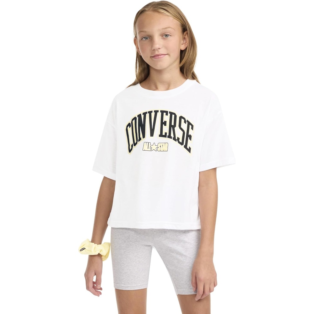 image:imageConverse Girls Short Sleeve Graphic Boxy Tee wScrunchie Big KidsWhiteYellow