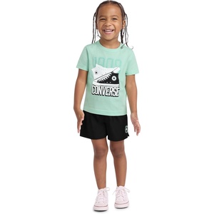 Converse Boys’ Graphic T-Shirt and Woven Short 2-Piece Outfit Set(Light Aqua Spark/Sneakers)