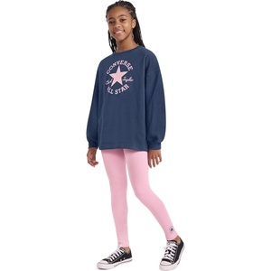 Converse Girls’ Graphic Crewneck Sweatshirt and Leggings 2-Piece Outfit Set(Navy/Lotus Pink)